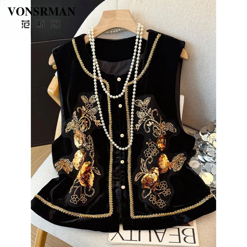 重工刺绣丝绒马夹女2025春秋新款新中式国风外穿无袖坎肩马甲外套