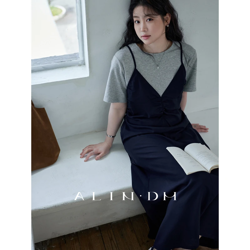 ALINDM【休闲恋曲】大码微胖mm显瘦遮肚遮肉假两件连衣裙 AG7545