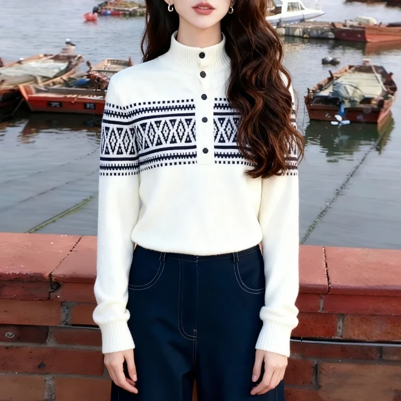 香朵儿【菱岛】温柔风半高领针织衫毛衣女秋冬新款休闲时尚打底上衣