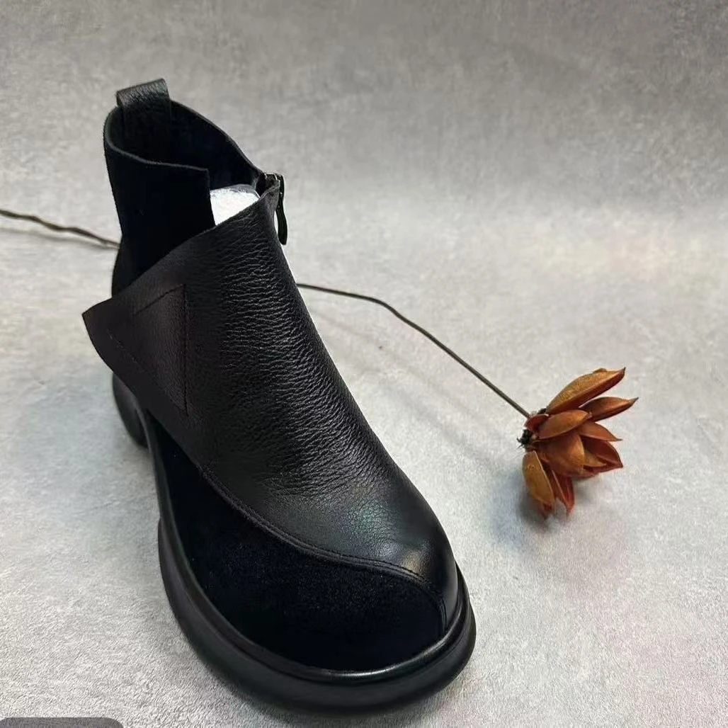 头层牛皮秋冬时尚百搭英伦风圆头厚底短款马丁靴