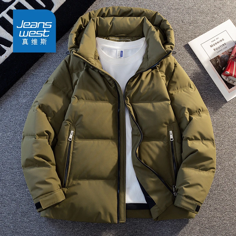 Jeanswest/真维斯秋冬羽绒服90鸭绒保暖连帽中长款面包服 男外套