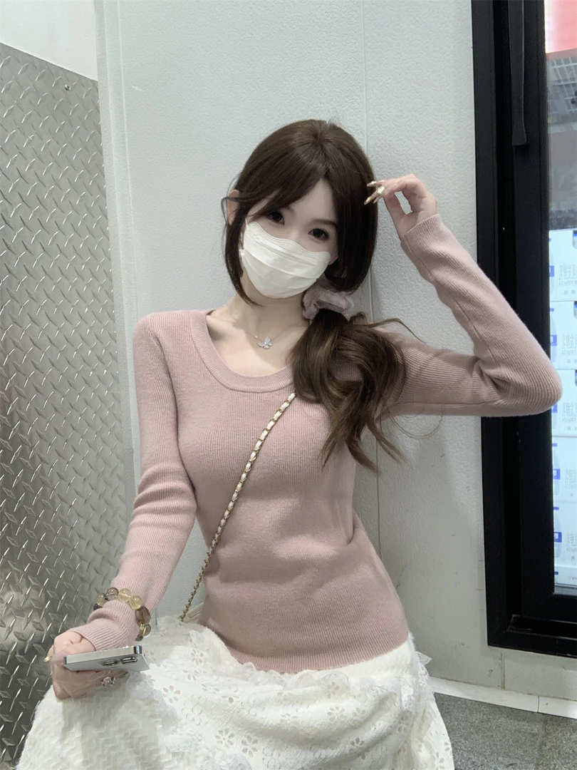 韩版气质修身u领针织衫2025秋冬新款纯欲收腰显瘦薄款毛衣打底衫