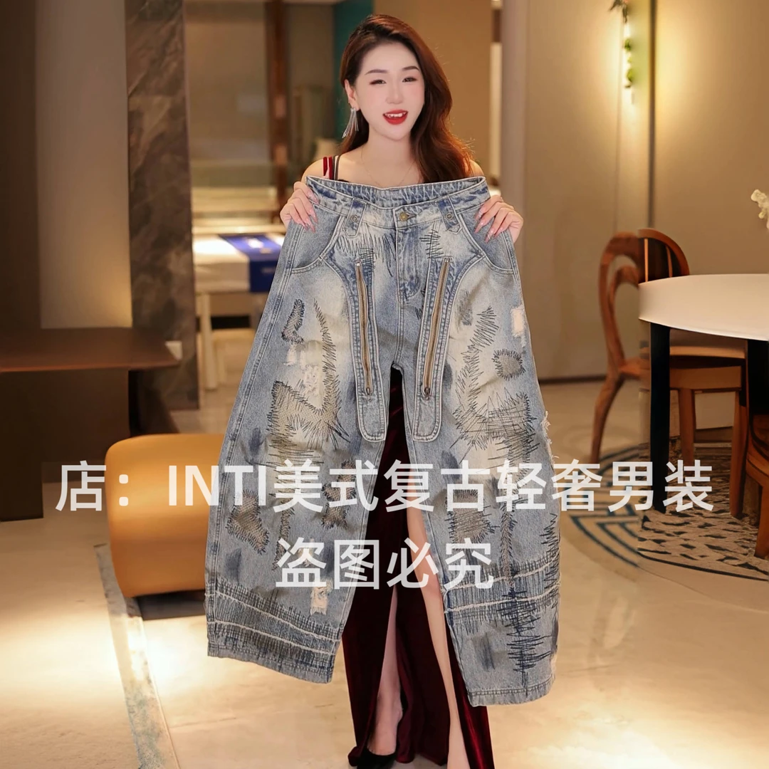 INTI秋冬季轻奢原创弯刀裤高端美式复古刺绣男士牛仔裤宽松直筒