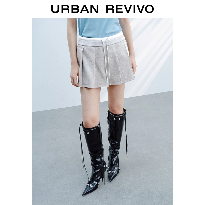 UR2025秋季新款女装学院风抽绳双腰头百褶短裤UYY650064