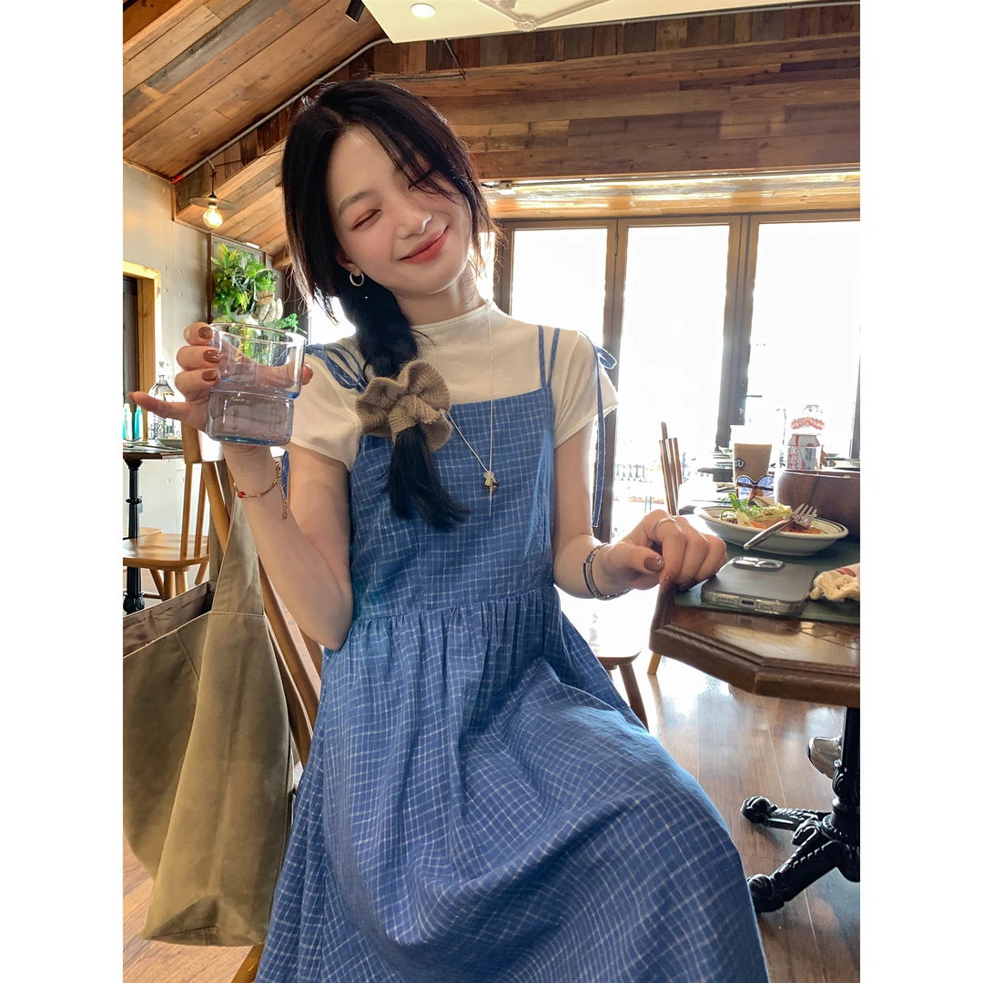 【西西里安】 海岛热恋~秋日叠穿色织渐变蓝格子吊带连衣裙
