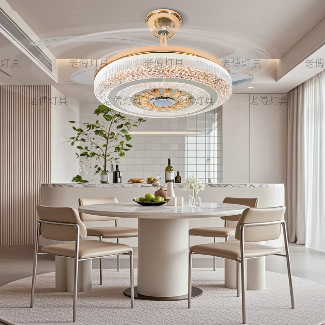 FF[1005]圈圈灯水晶隐形风扇灯蓝牙音响智能一体轻奢风静音节能