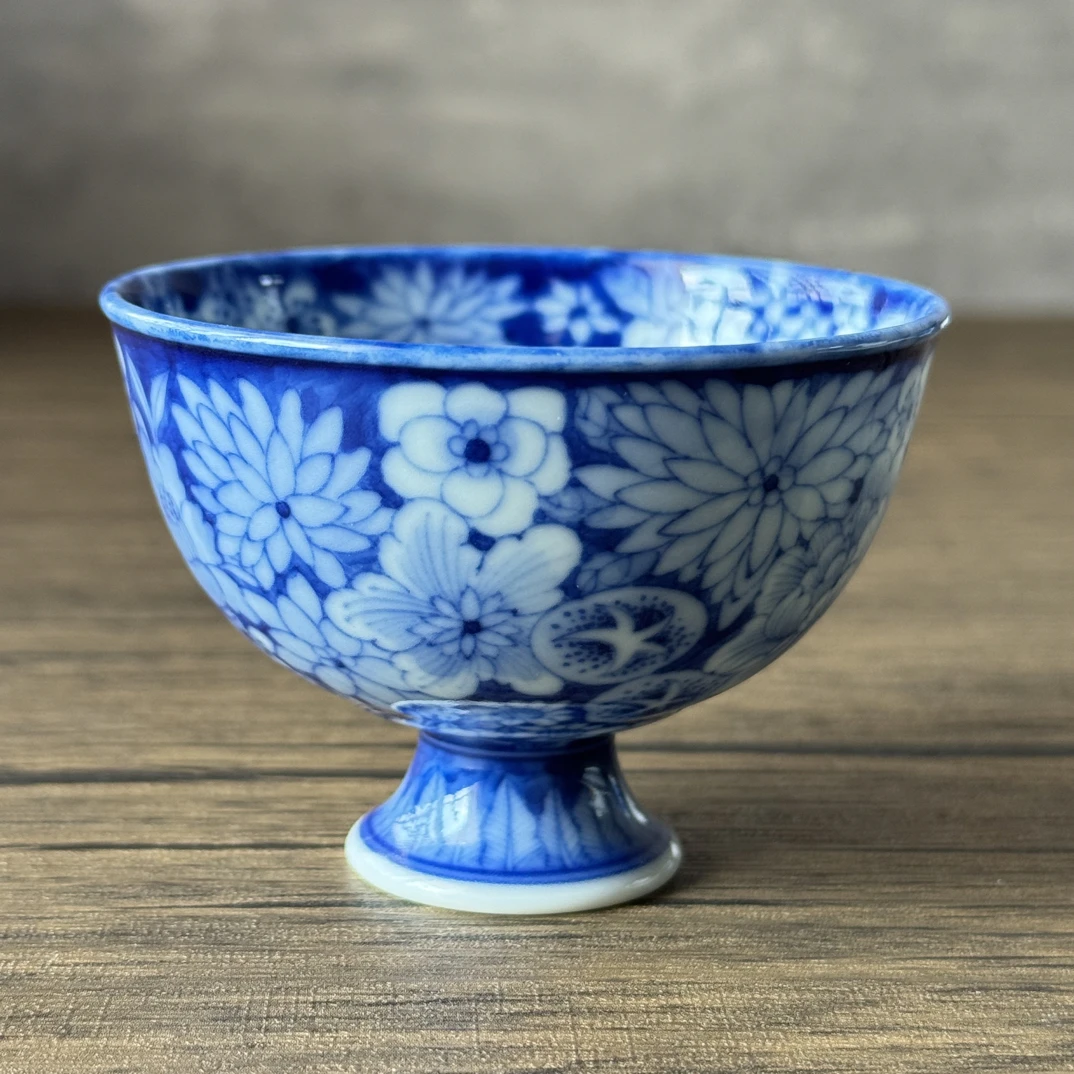 熙工坊 陶瓷手绘主人杯 青花万花高脚杯 全手工 景德镇高温瓷