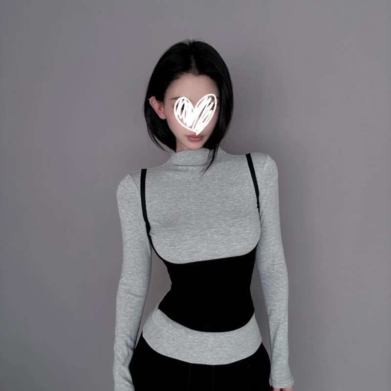 2025年秋季新款假两件蚂蚁腰吊带长袖T恤修身显瘦纯欲百搭女上衣