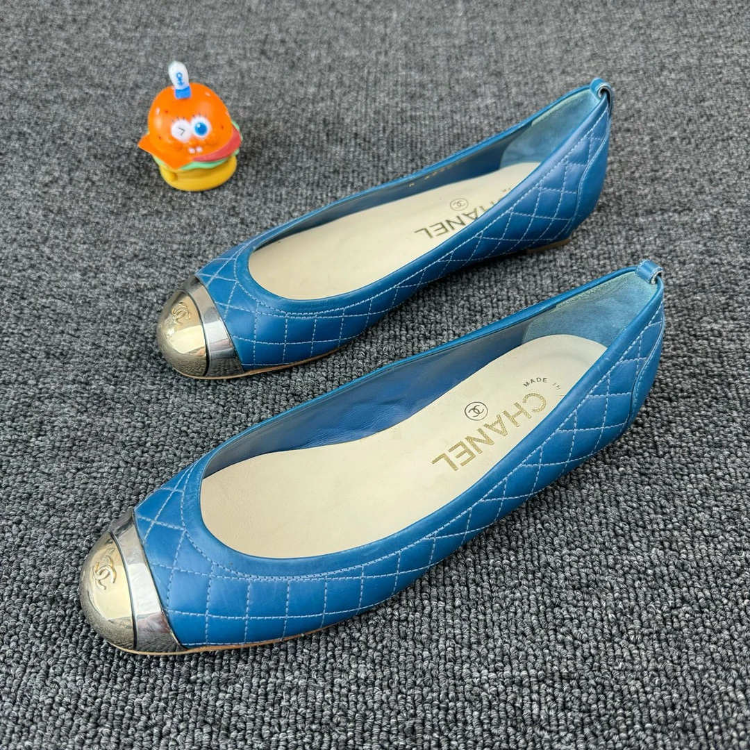 95新 Chanel/香奈儿 蓝色平底鞋35.5码整经典菱格纹设计HB1380