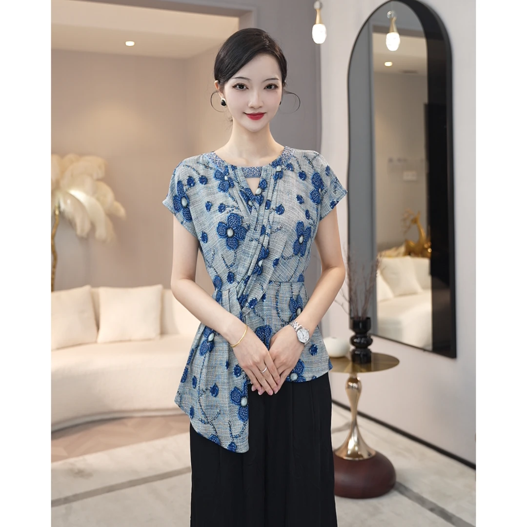 2026夏新款【ZM-X933】蓝色圆领镂空立体印花设计不对称衬衫上衣