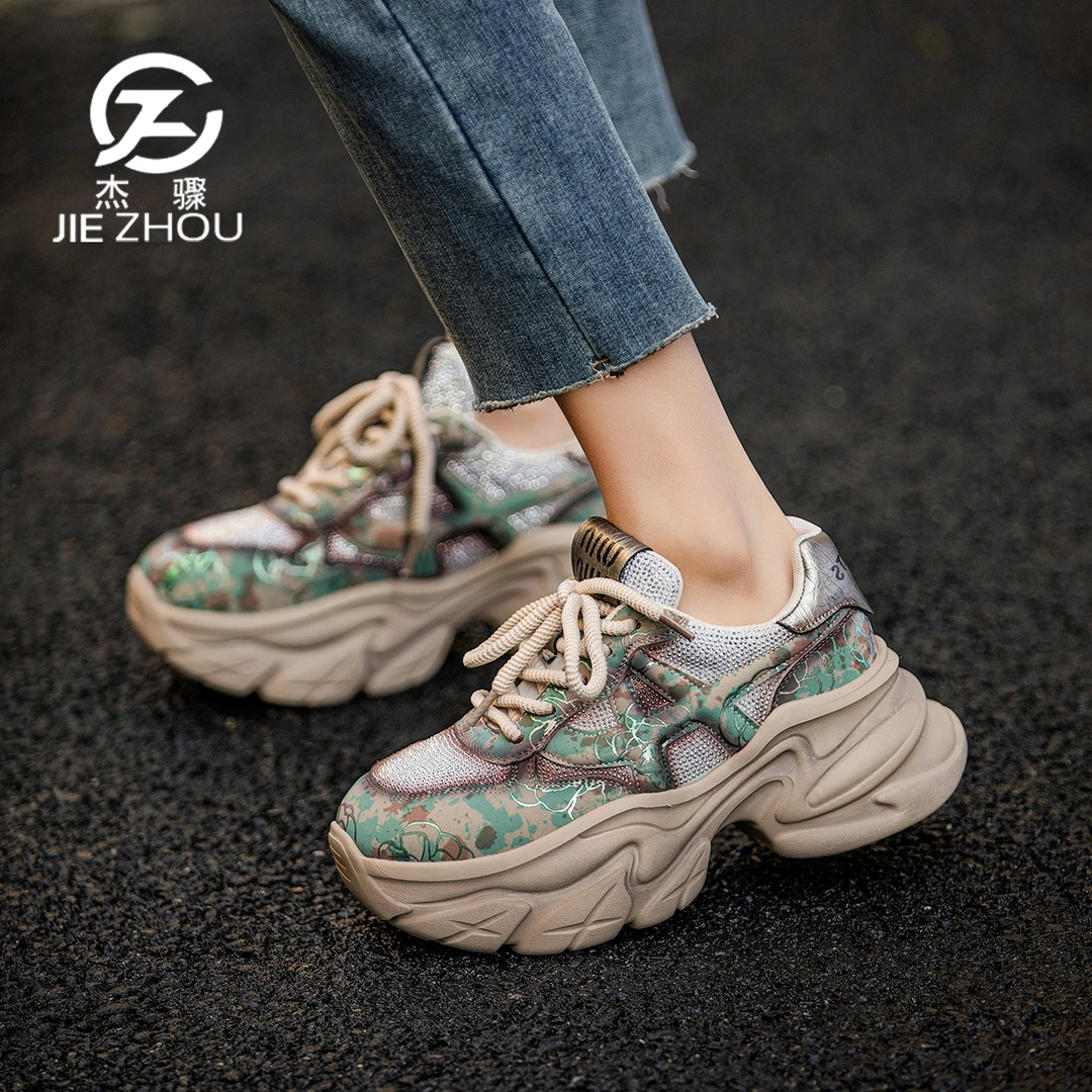 杰骤春秋真皮彩色高端老爹鞋女厚底增高运动休闲鞋欧洲站松糕女鞋