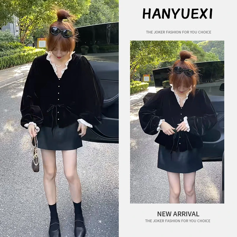 早春时尚一整套女装2025新款韩版灯笼袖花边上衣pu皮短裙两件套潮