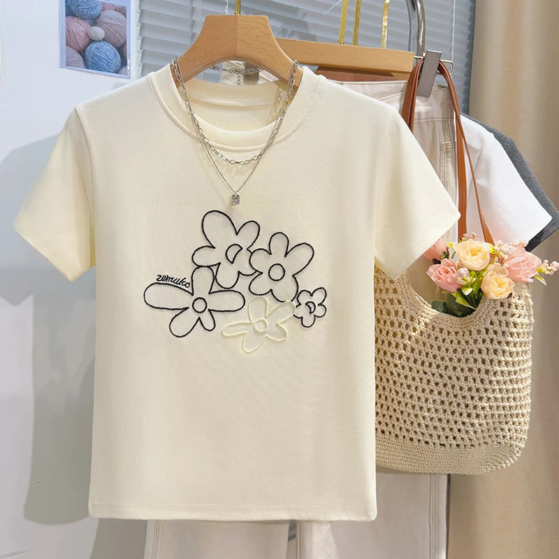 休闲花朵刺绣设计感短袖T恤女夏季2025新款韩系显瘦百搭减龄上衣