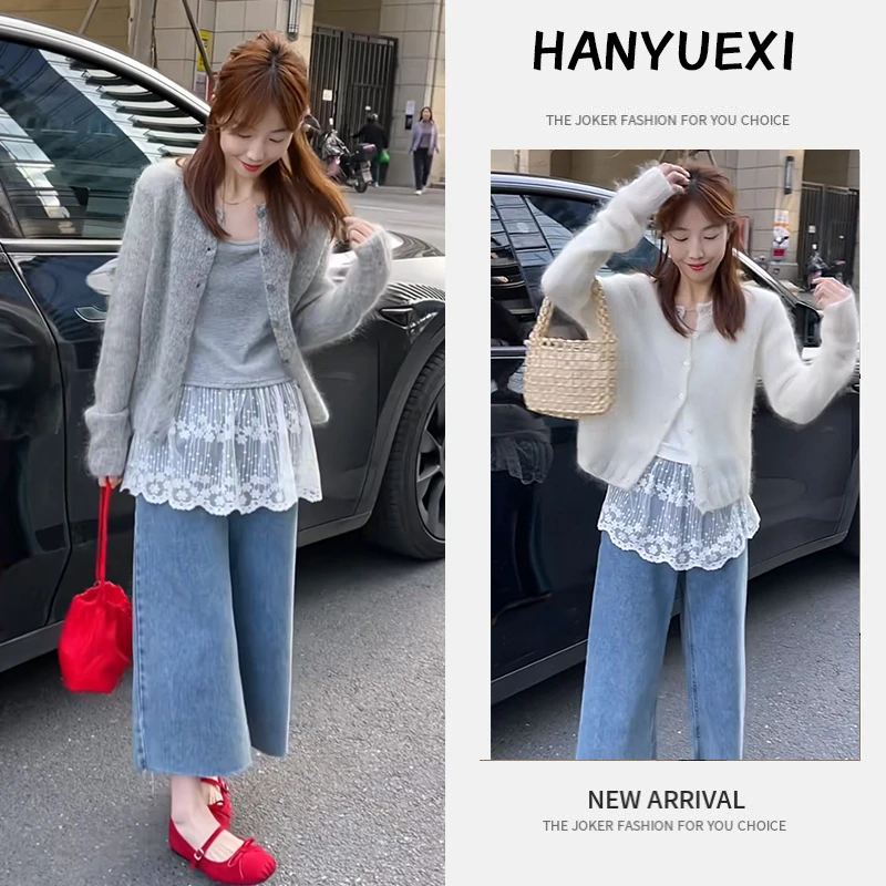 早秋时尚一整套女装2025新款韩版吊带针织开衫牛仔阔腿裤三件套潮