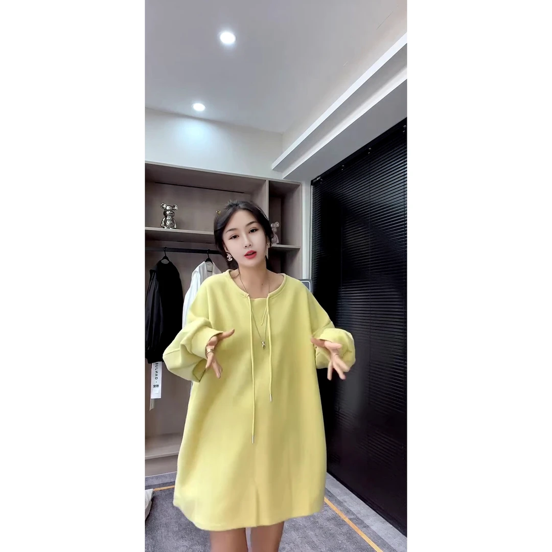 早秋款休闲百搭宽松版中长款系绳领口卫衣