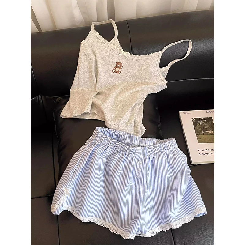 纯欲小个子吊带短裤睡衣女夏季辣妹小熊印花可外穿韩系家居服套装