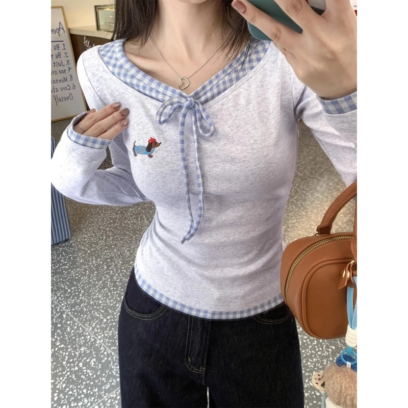 灰色v领假两件修身短款长袖t恤女早春季新款内搭显瘦打底衫上衣潮