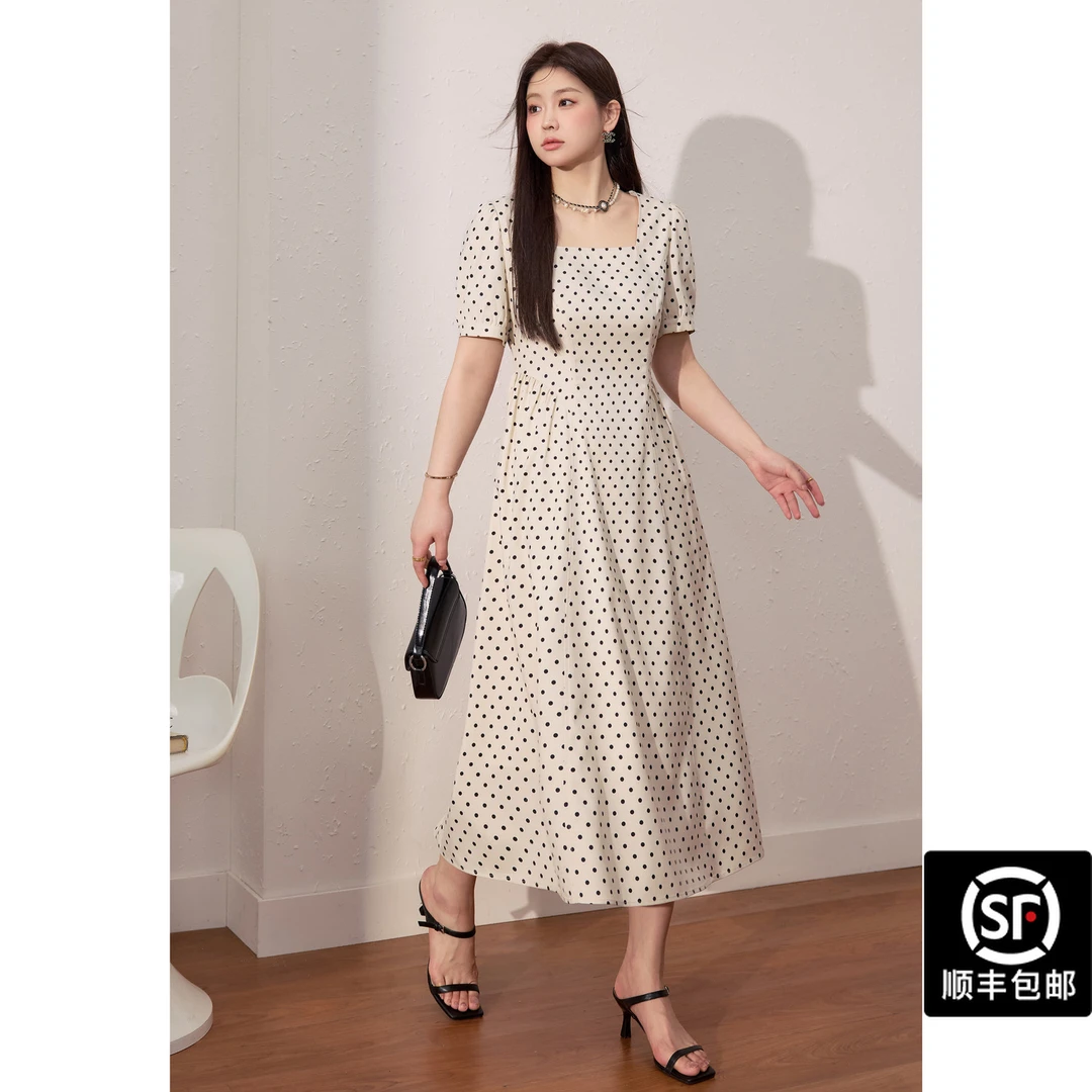 蓝语大码女装气质优雅方领波点连衣裙夏新款胖mm收腰显瘦a字长裙