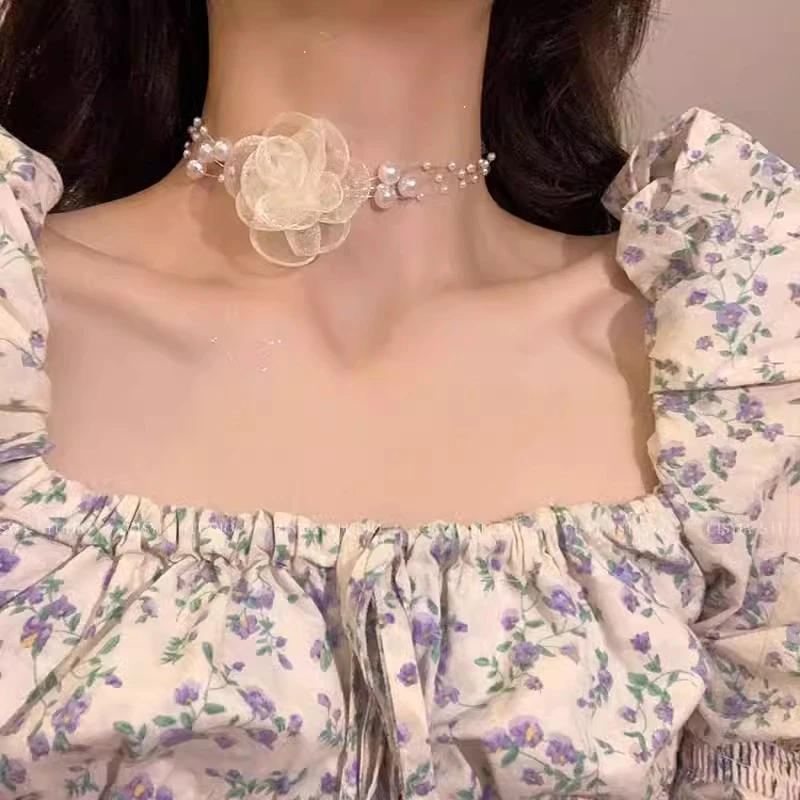 非金属布艺项链 早春超仙珠珠花朵项链锁骨链小众设计choker颈链.