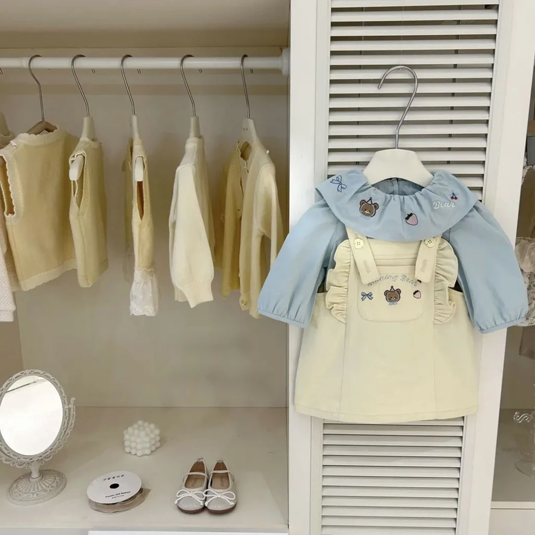 2025春秋新款宝宝长袖衬衫女童幼儿园背带裙套装儿童洋气两件套