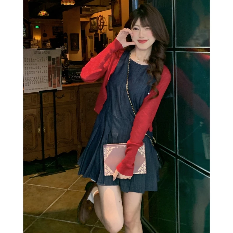 春季新款复古文艺圆领收腰长款A字牛仔背心裙7090