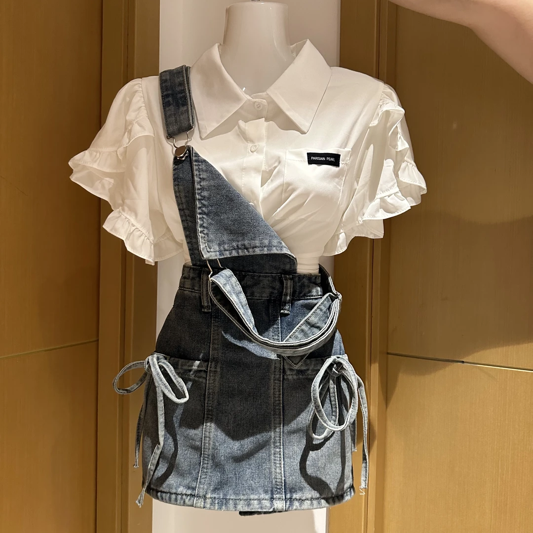 修身白色衬衫+牛仔背带裙裤套装夏季款复古收腰百搭泡泡袖休闲