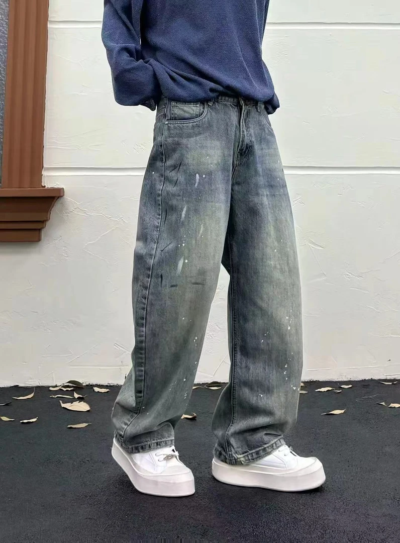 春秋长裤高街拼接直筒牛仔裤休闲弯刀宽松阔腿裤渐变泼墨牛仔长裤