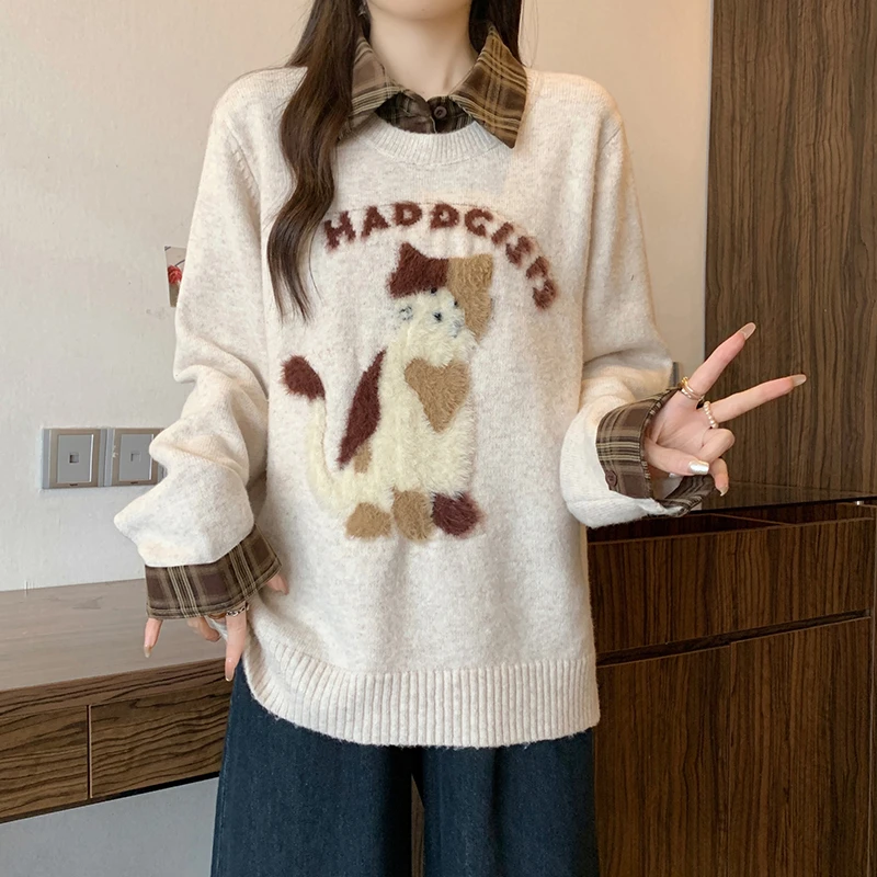 2025冬装新款胖mm大码女休闲减龄绣花小猫假两件针织长袖上衣百搭