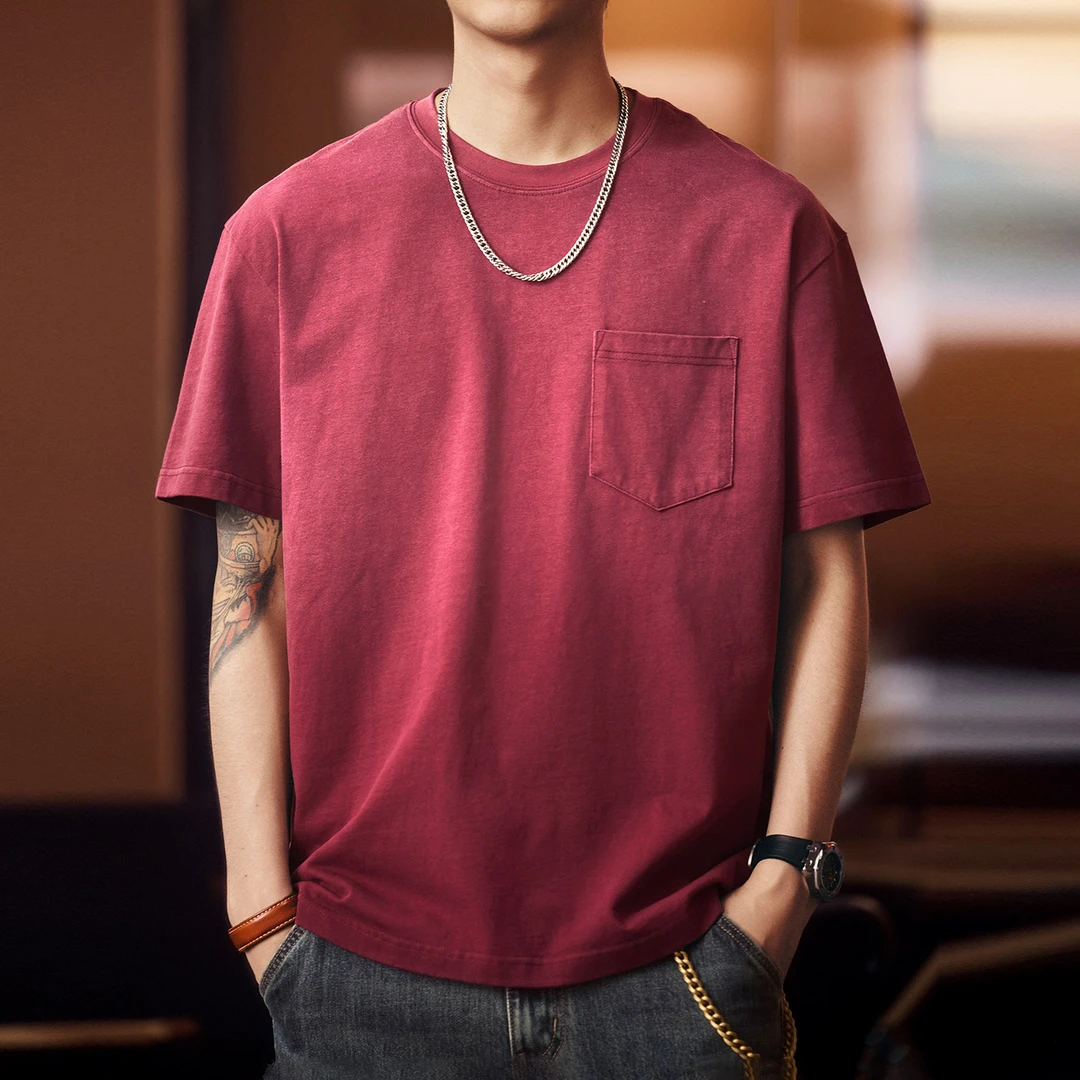 格蓝鹿高端日系复古重磅红色短袖t恤男2025夏季新款宽松休闲上衣