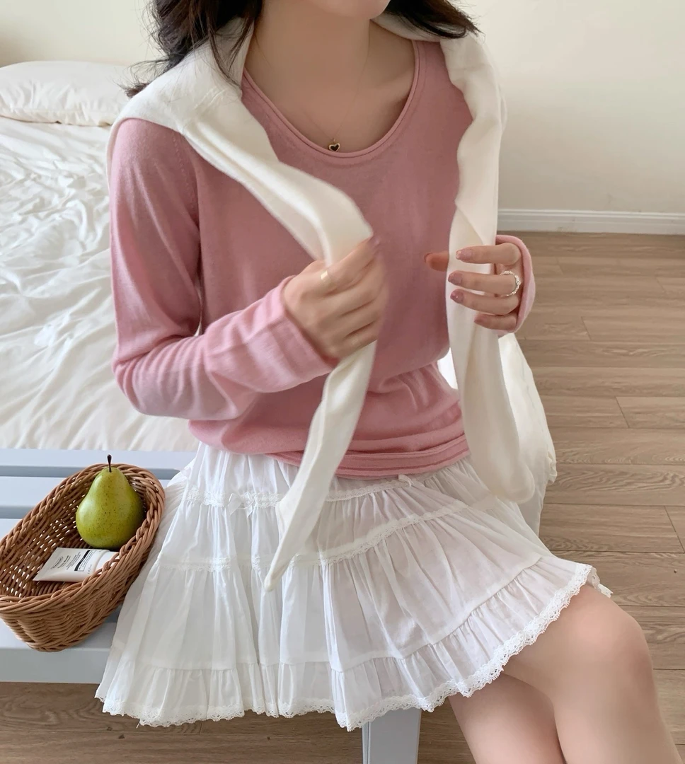 领口卷边薄款长袖针织衫 咻咻X2C4628