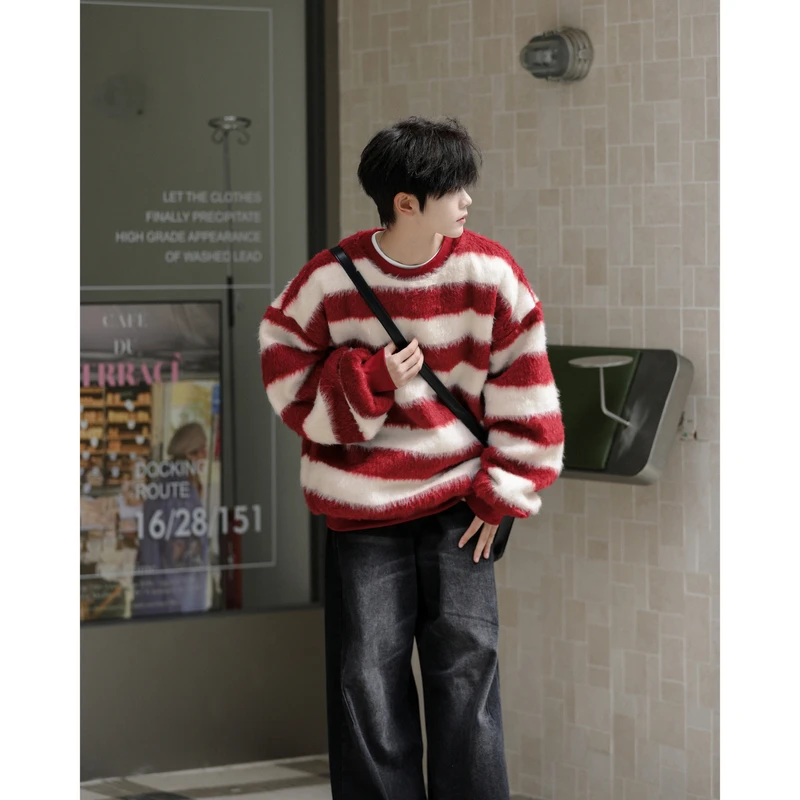 新年红白撞色条纹圆领毛衣男秋冬季宽松慵懒风cleanfit针织衫上衣