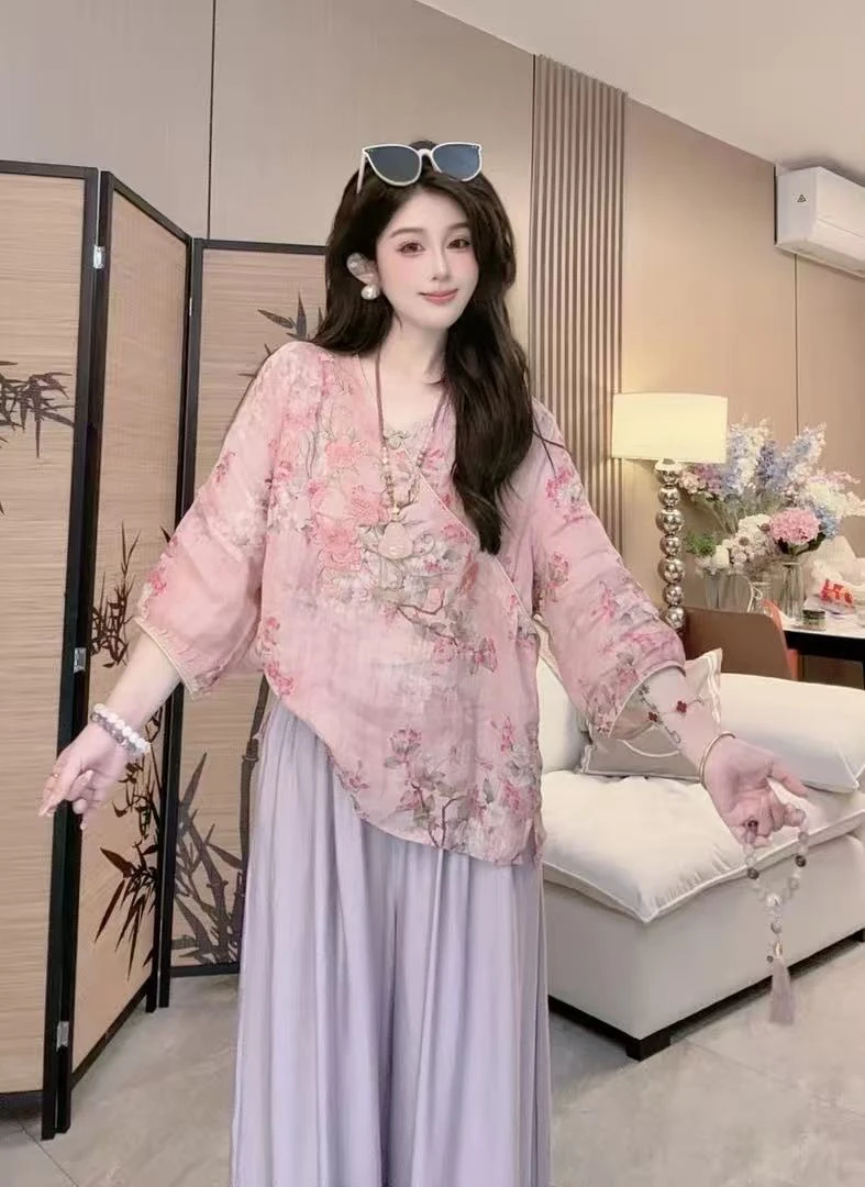 文艺复古圆领刺绣衬衫女2025夏季新款宽松优雅七分袖