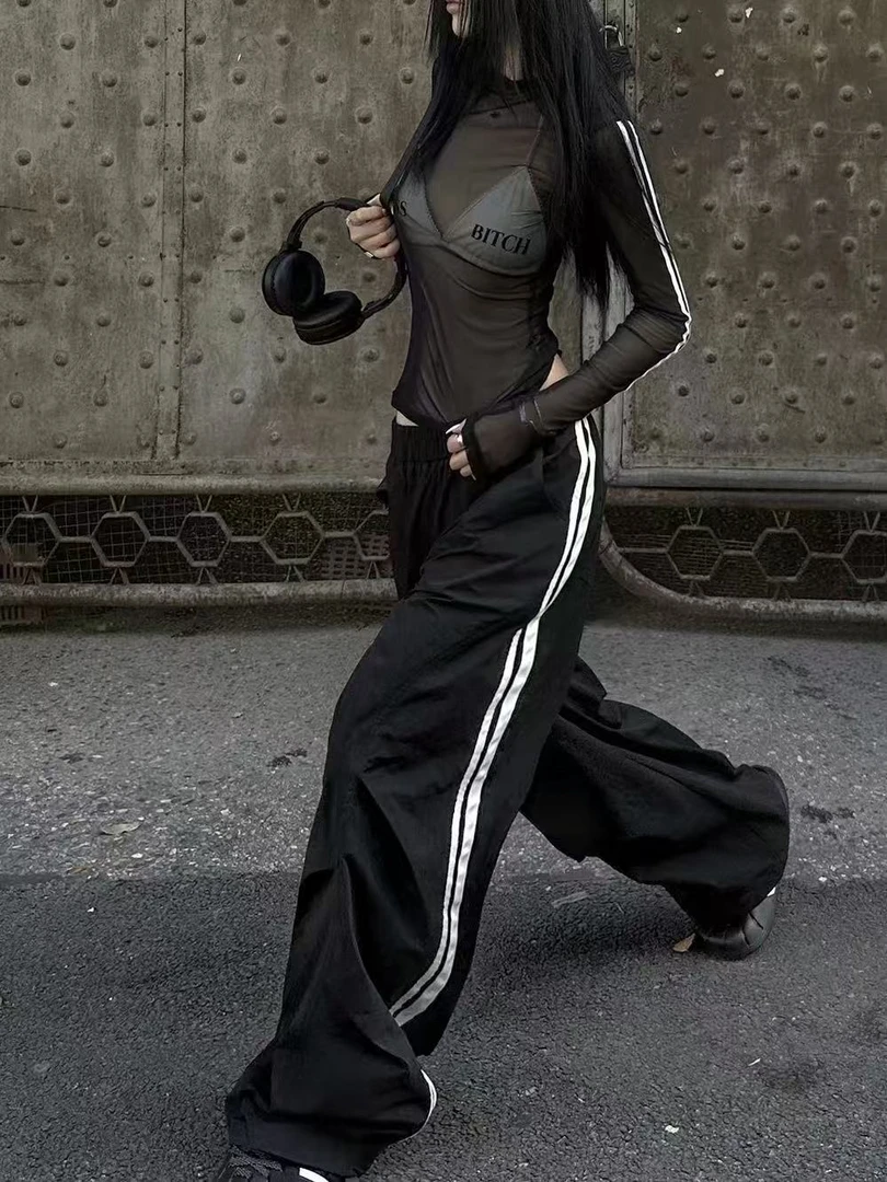 D2-3黑色“侧条纹”松紧腰休闲裤（2405）