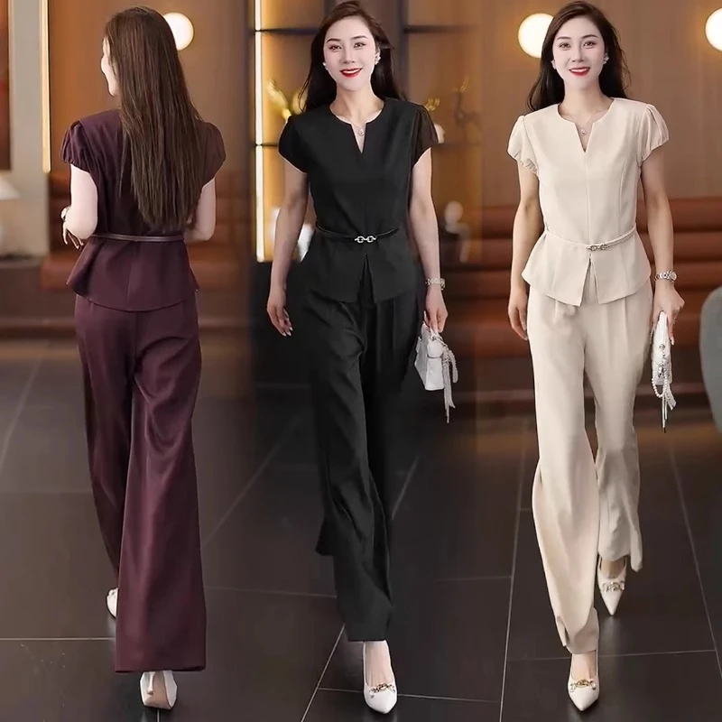 小香风西服套装女夏2025夏季新款气质小V领短袖上衣直筒裤两件套