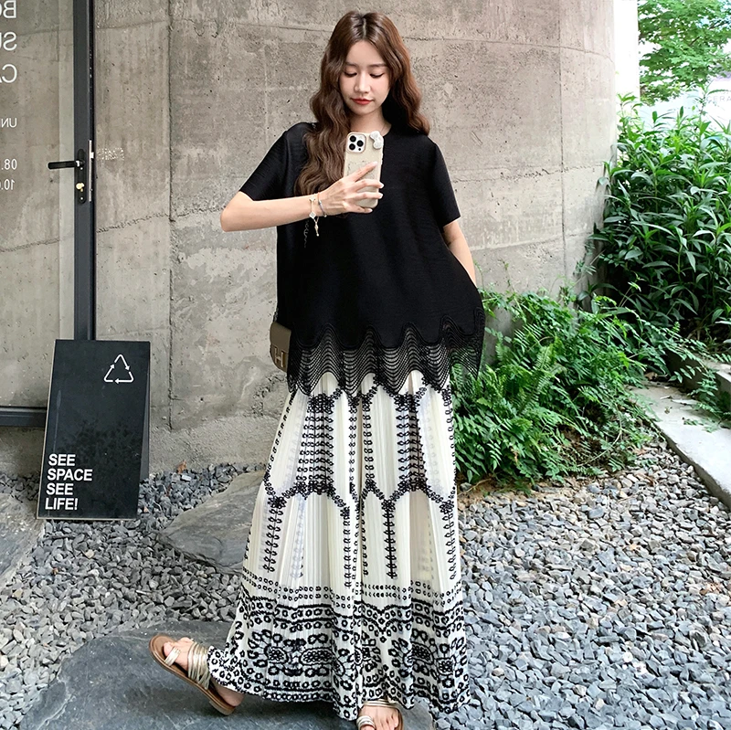 黑色蕾丝花边上衣阔腿裤两件套女2025年夏季新款时尚独特绝美套装