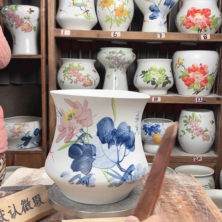 摆件高20口20青花荷花新款陶瓷