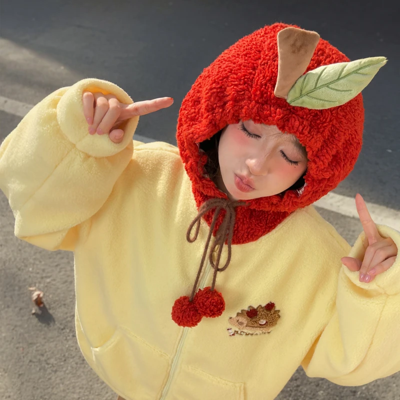 森女部落可爱卡通刺绣设计感加绒连帽卫衣女2025新款秋冬宽松外套