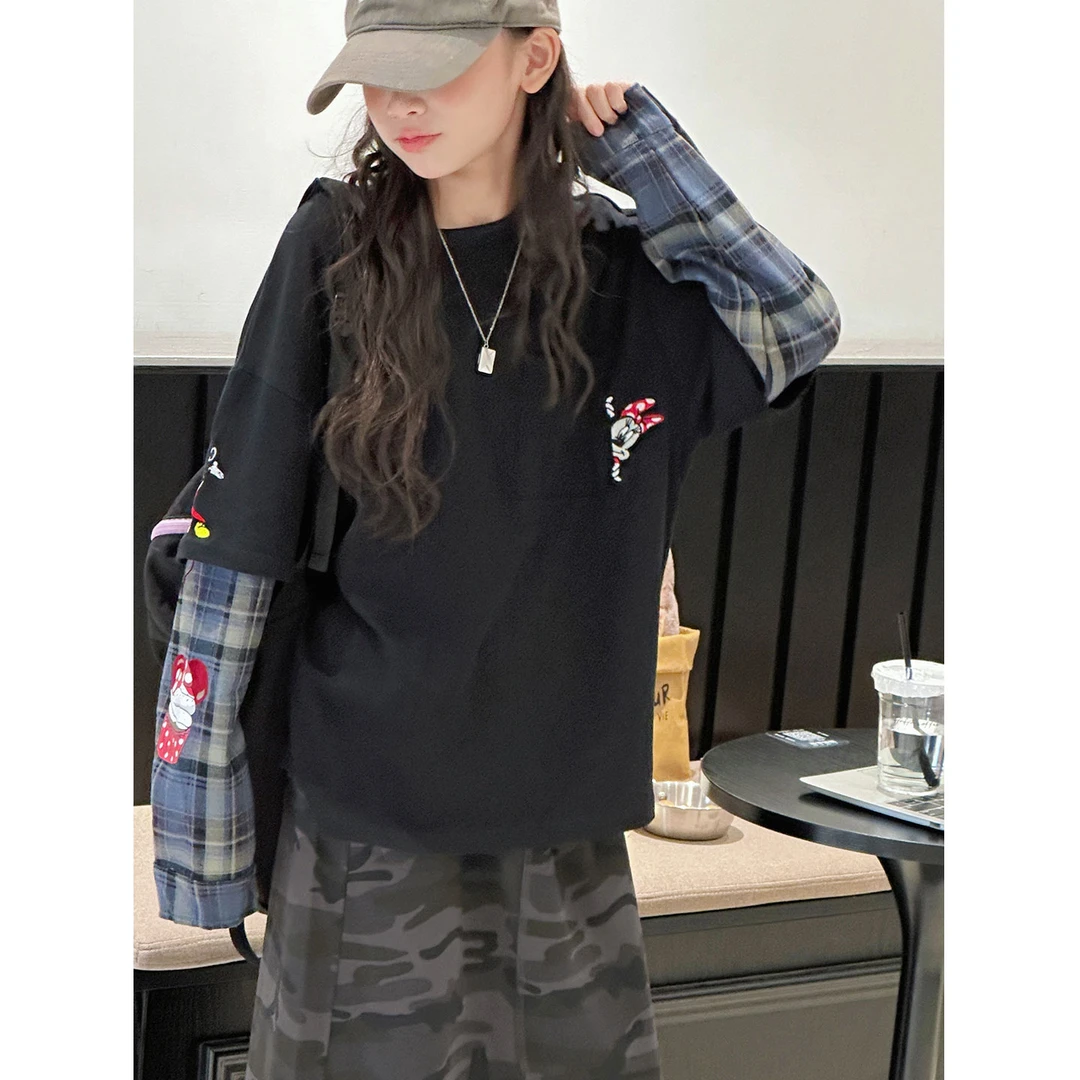 K29394孙小美假两件女童长袖T恤2025春秋装新款儿童上衣衣服t