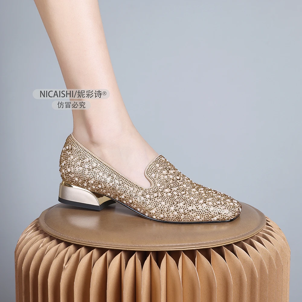 2025年新款法式配裙子粗跟单鞋香槟色绝美粗跟鞋一脚蹬女瓢鞋1249