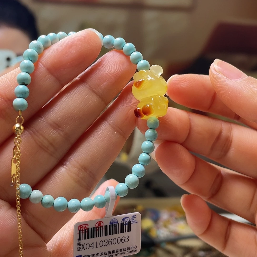 琥珀银S925镀金镶嵌裸石手串