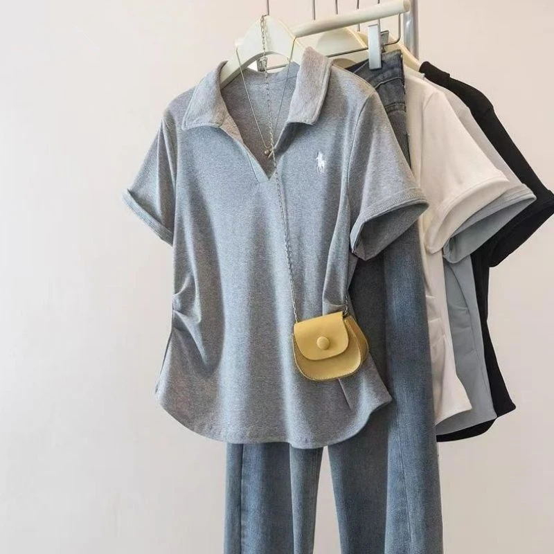 欧货新款大码polo领褶皱收腰短袖T恤夏季减龄显瘦遮肉弧形上衣女