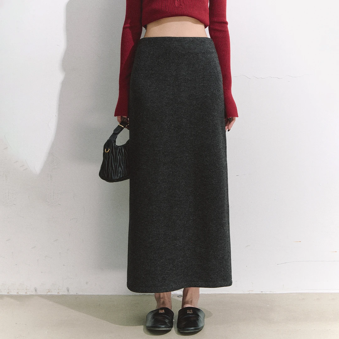 Clean Fit秋冬经典长半裙女简约时尚后开衩直筒裙