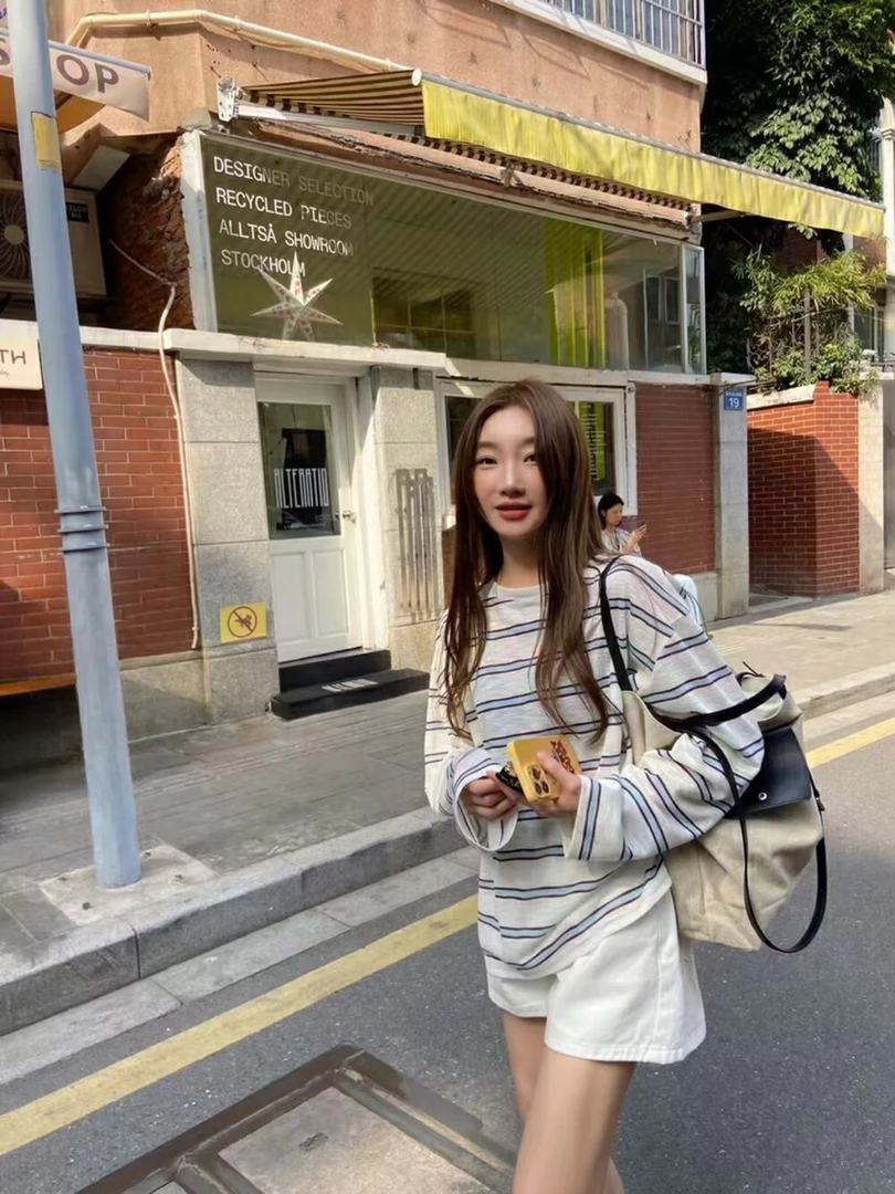 韩系简约条纹长袖防晒针织T恤露背女春夏季宽松薄款上衣