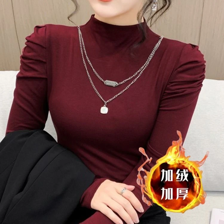 LLYF秋冬2025年时尚新款加绒高级感打底衫女半高领修身内搭泡泡袖