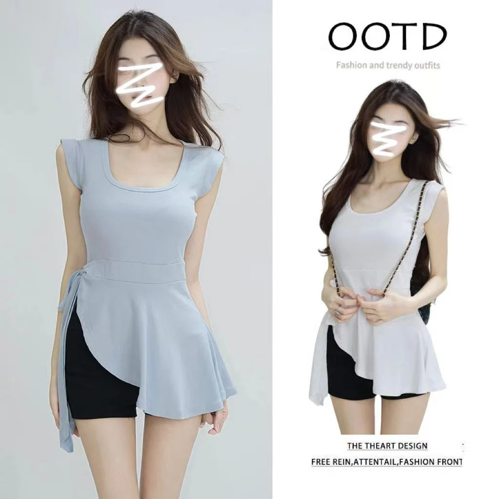 【现货】夏季新款流行爆款设计感不规则下摆无袖收腰显瘦绑带上衣女