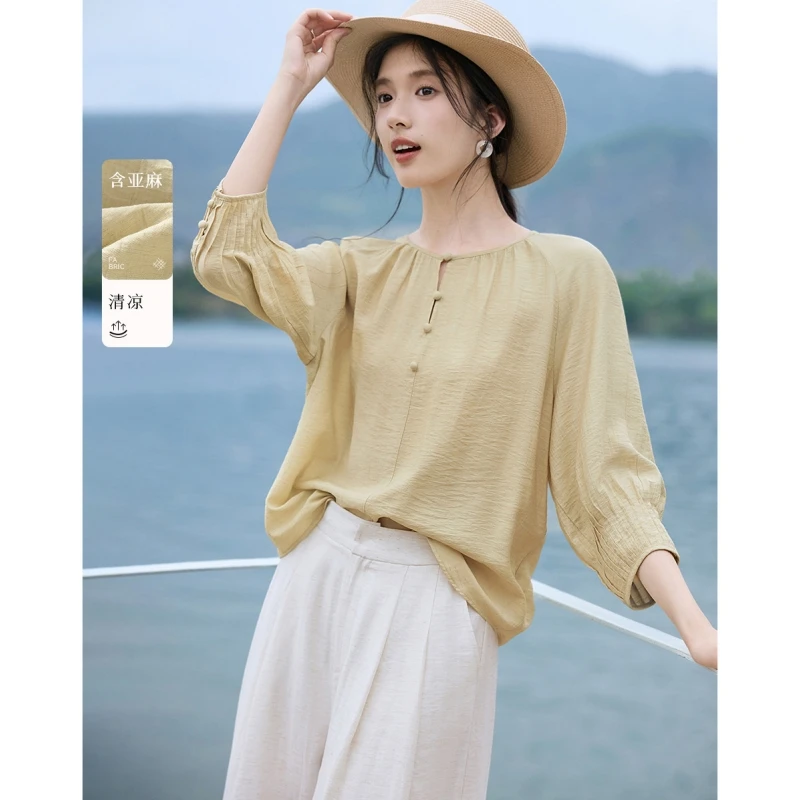 含亚麻肌理感塔克袖百搭圆领衬衫女夏季简约通勤休闲显瘦法式小衫