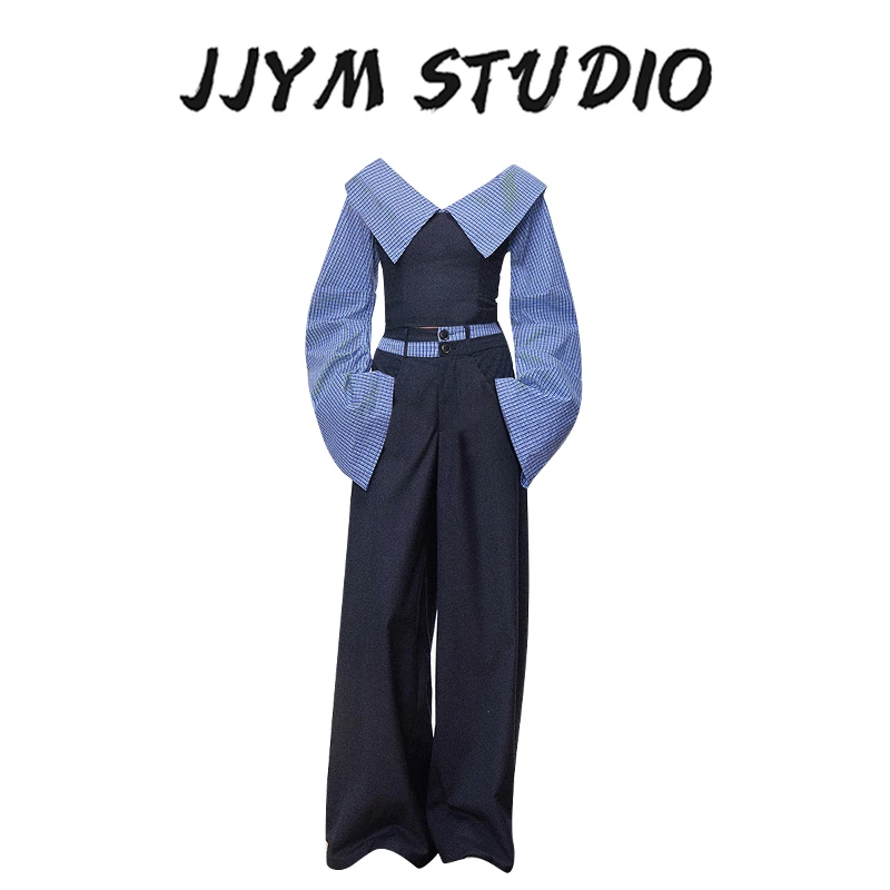 复古撞色一字肩条纹拼接长袖衬衫女春季学院风休闲气质阔腿裤套装