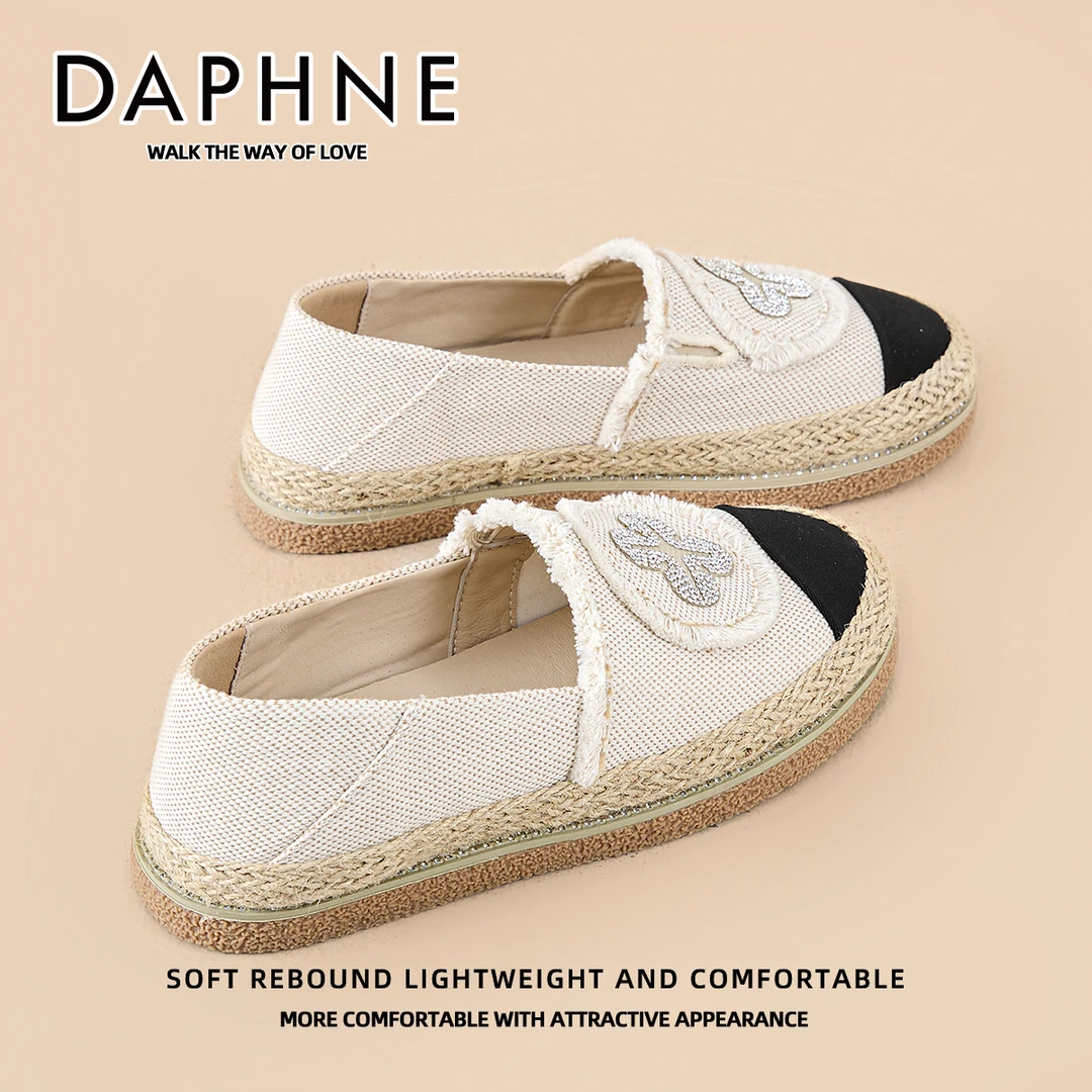 达芙妮小香风渔夫鞋女秋新款懒人一脚蹬帆布休闲鞋草编平底乐福鞋