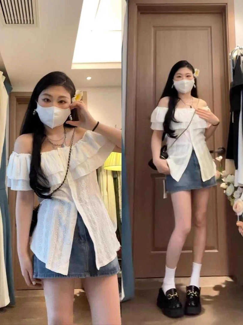 夏季新款一字肩短袖衬衫微胖女生设计感显瘦女收腰显瘦甜辣风上衣