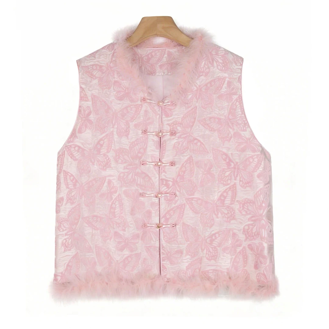 大码女装马甲中式盘扣蝴蝶提花宽松显瘦遮肉胖妹妹冬